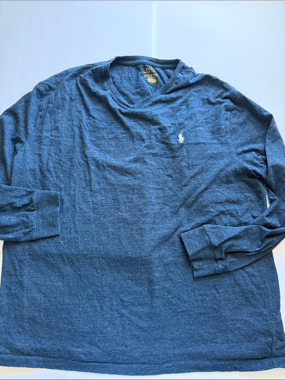 Polo Ralph Lauren Men's Classic Fit Heather Blue V-Neck Long Sleeve Tee XL